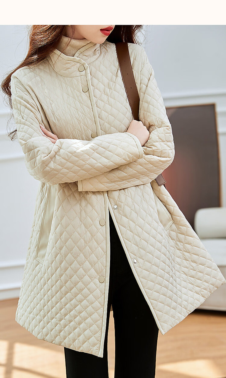 Dme [Quilted Diamond-Patterned Cotton Coat] Winter Stand-Collar Loose Drop-Shoulder Anti-Chafe Padded Jacket for Women, Mid-Length Style, Black, Size M 10