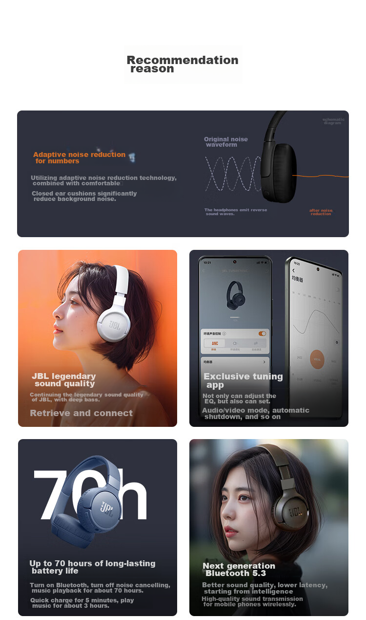JBL TUNE 670NC Over-Ear Bluetooth Headphones, Active Noise Cancellation Wireless Music Headphones, Compatible with Huawei, Apple, Xiaomi, Birthday Gift, Midnight Black 2