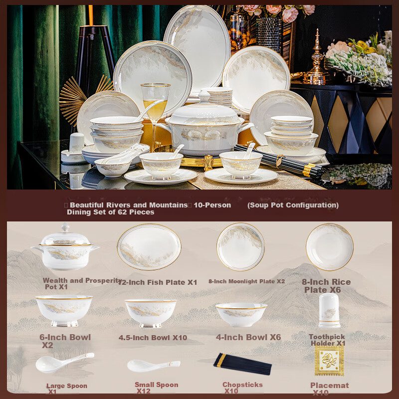 Luowei Dahao Heshan 62-Piece Jingdezhen Ceramic Dinnerware Set, Bowl And Plate Set for Home Use, Dishwasher Safe