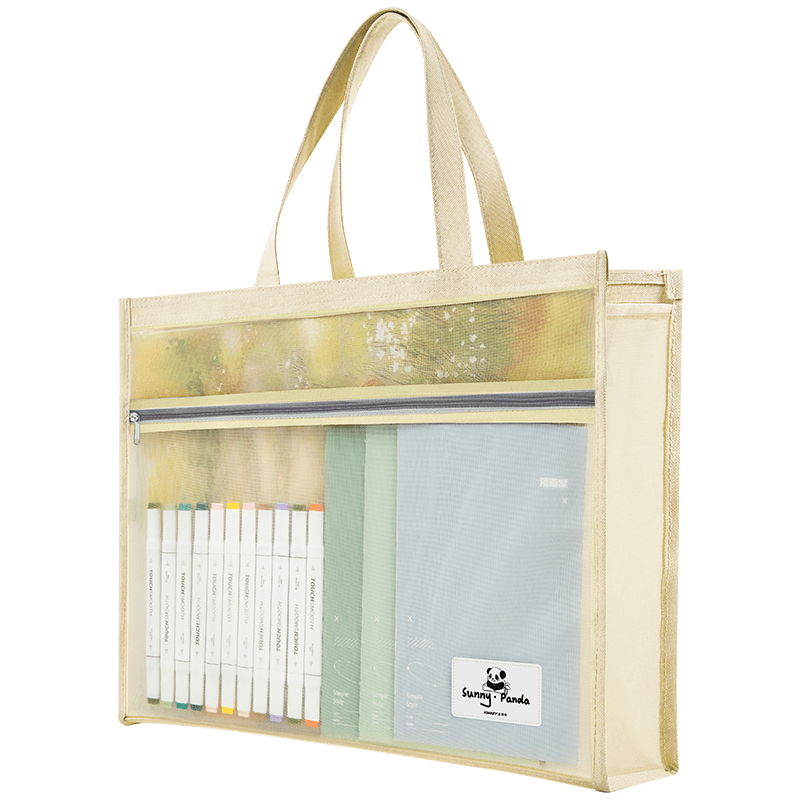 Jindeli A3/8K Mesh Transparent Art Bag, Study Bag, Tutoring Bag, Elementary School Student Handbag, Book Carrying Bag, Middle School Student Tutoring Pack, Canvas Bag, Art Bag, Exam Bag, Off-White DC1938