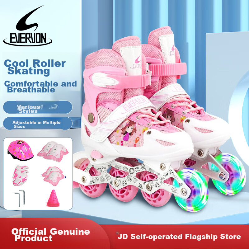 EVERVON Roller Skates for Children, Inline Skates for Boys And Girls, Pink Color, with Helmet, Protective Gear Size S, Suitable for Sizes 31-34