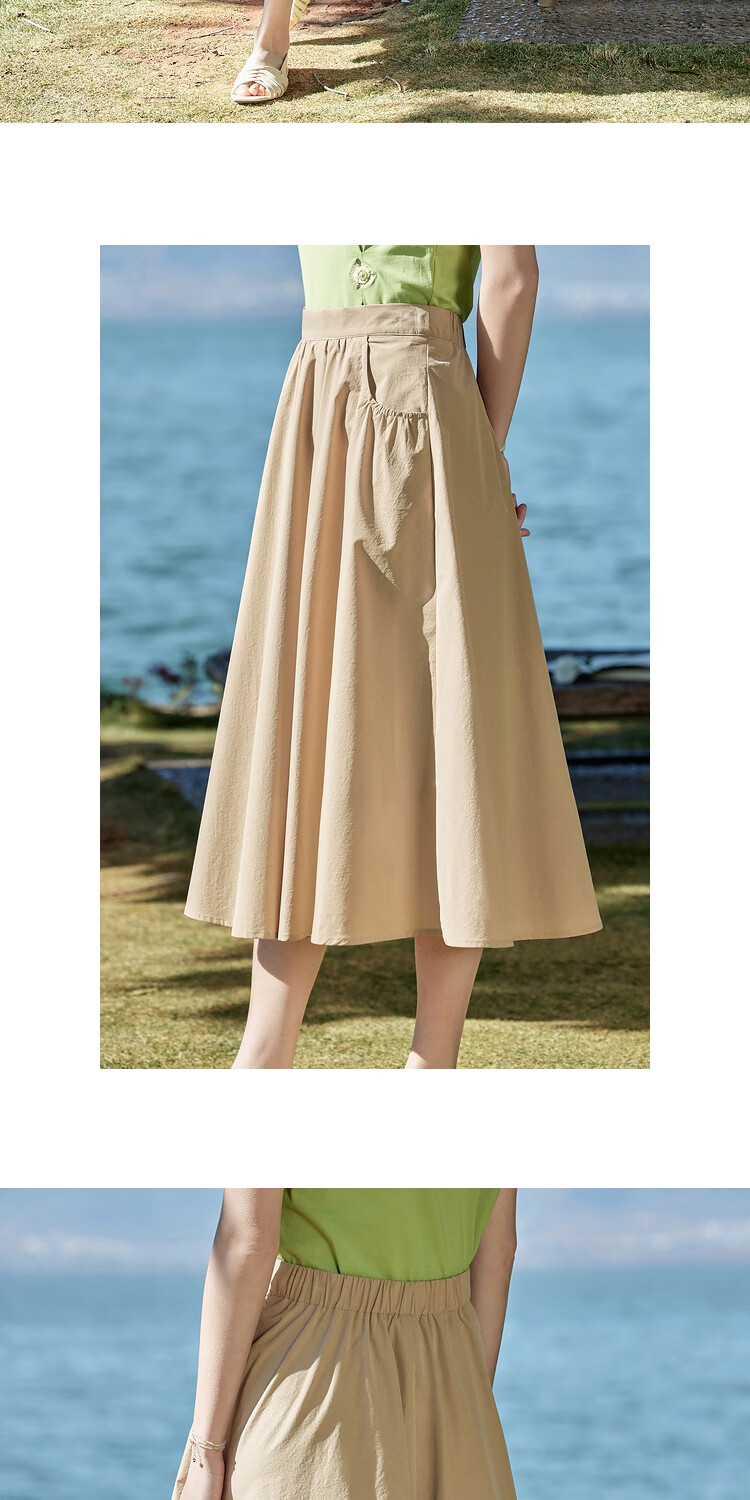 INMAN Summer Casual High-Waisted A-Line Skirt for Women, Elastic Waist, Loose Fit, Slimming, Mid-Length Skirt, Dark Khaki, Size S 9