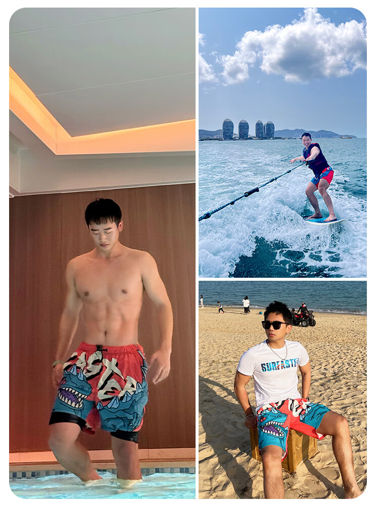 Sulang Hot Spring Swim Trunks for Men, Beach Shorts, Double-Layered Seaside Surfing Sun Protection Water Park Swimwear, Jurassic, 5XL 4