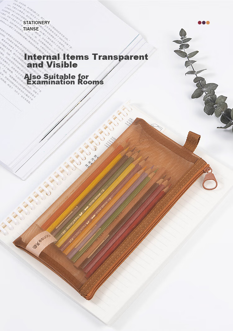 TIANSE Transparent Mesh Pencil Case, Exam-Specific Stationery Bag, Stylish High-Capacity Pencil Box for Primary And Middle School Students, TS-255 Amber Brow 4