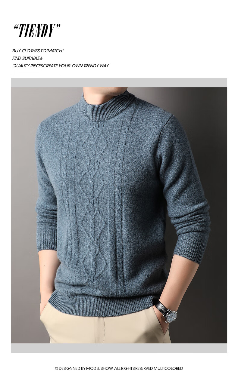Hengyuanxiang Men's Thickened Wool Sweater Autumn Winter 100% Pure Wool Half Turtleneck Simple Casual Solid Color Knitwear 14