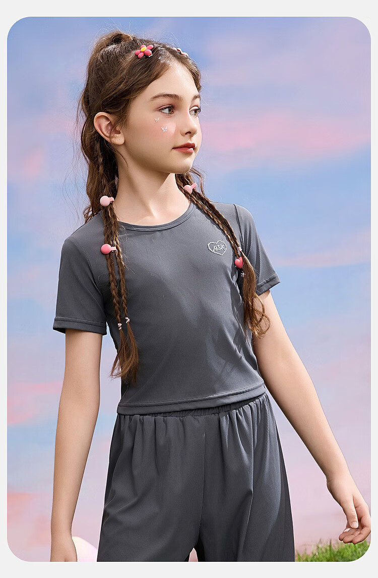 ASK JUNIOR Girls' Summer Sportswear Set: Thin Short T-Shirt + Wide-Leg Long Pants Two-Piece Set, Gray, Size 170 3