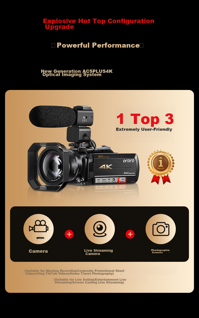 ORDRO [5K Variable Focal Camera] AC5Plus 4K Professional Live Streaming Camera, HD Digital DV Recorder, 12x Optical Zoom, Vlog Short Video Conference Travel 10