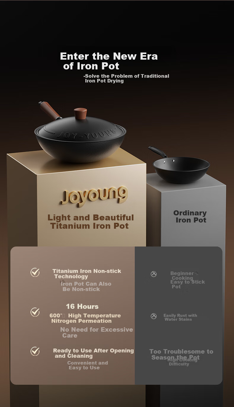 Joyoung Wok with Titanium Non-Stick Iron Pan, Lightweight Stir-Fry Healthy Non-Coated Household Cooking Pan Compatible with Stove 32cm 4