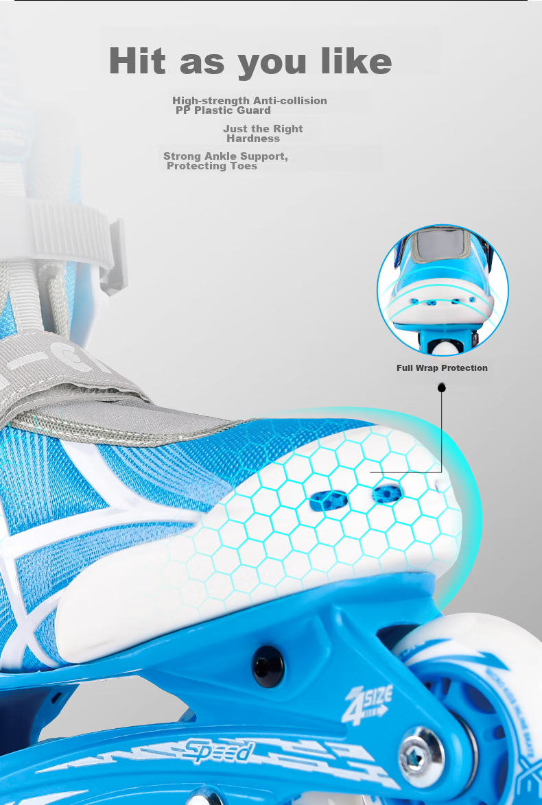 MEGA Children's Roller Skates for Boys And Girls, Inline Skates with Adjustable Wheels for Primary And Secondary School Students, Blue Set, Size L 7