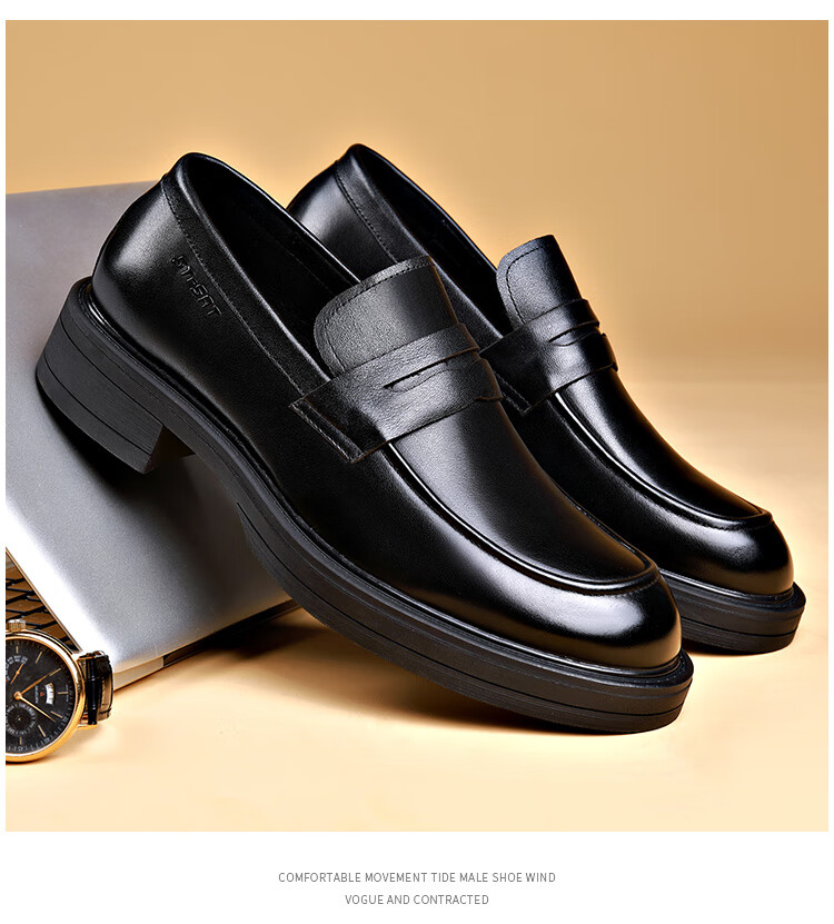St&Sat Men's Shoes [Top-Grain Leather], Men's Slip-On Leather Shoes, Business Casual Loafers, Black, Size 39 3