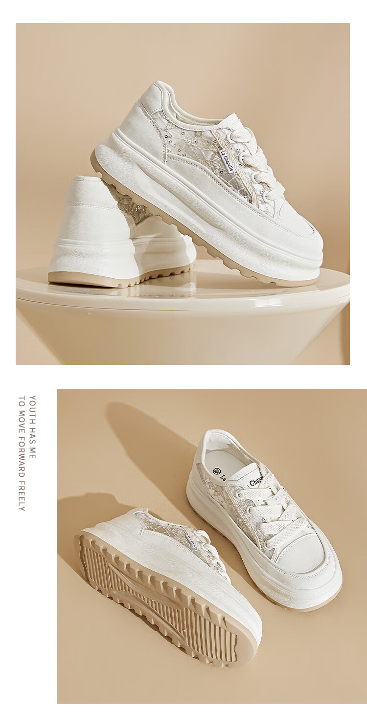 La Chapelle Women's Shoes, Thick-Soled Mesh Breathable Casual Shoes, Low-Top Soft-Bottom Sneakers-FMJ003, White, Size 36 6