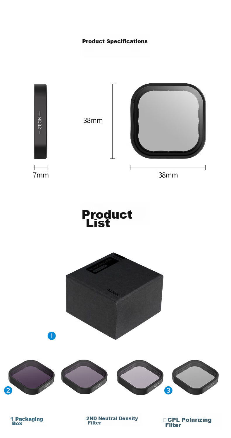 TELESIN Compatible with GoPro 12 ND Filters, Also Compatible with GoPro 11/10/9 Filters, ND8/16/32 Neutral Density Filter Set 11