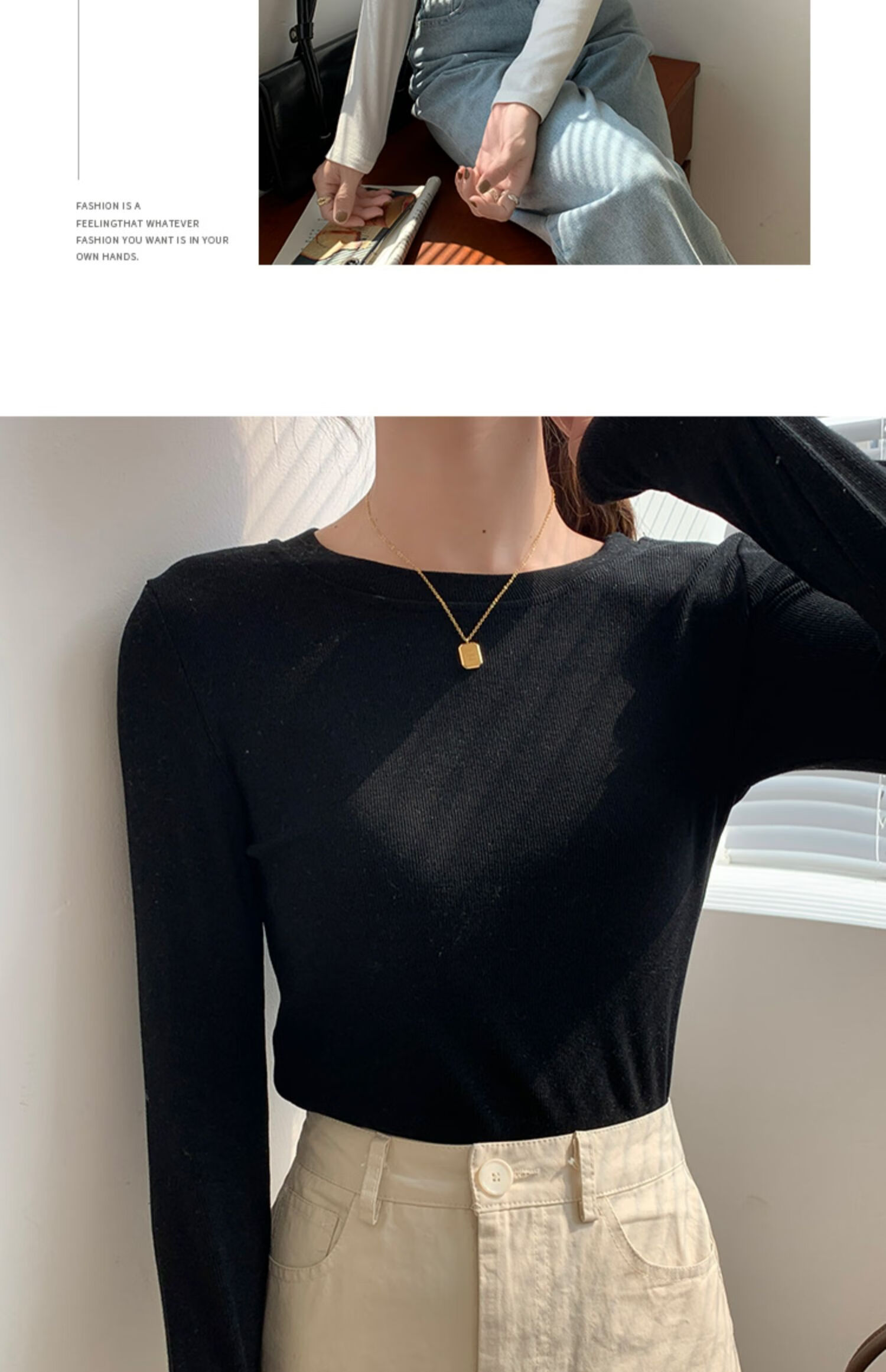 YUZHAOLIN Women's Base Layer Top for Spring And Autumn, Thin Undershirt, Round Neck Ribbed Black And White Long-Sleeve T-Shirt for Fall And Winter 8