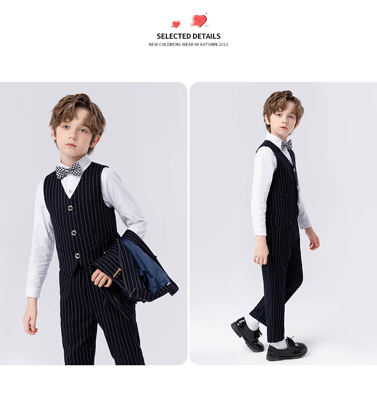 LUOBOBEIBEI Children's Suit, Boys' Striped Blazer Vest Set, Spring Formal Wear for Boys' New Year's Greetings, Navy Blue Five-Piece Set, Size 140 13