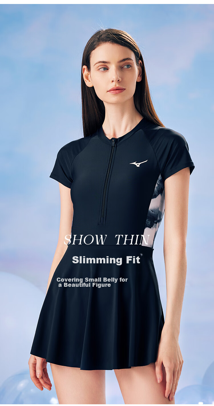 MIZUNO One-Piece Swimsuit for Women with Skirt Hem, Short Sleeves, Sun Protection, Chlorine-Resistant, Slimming, Conservative, Plus Size, Hot Spring Swimwear AB367 Black L 6