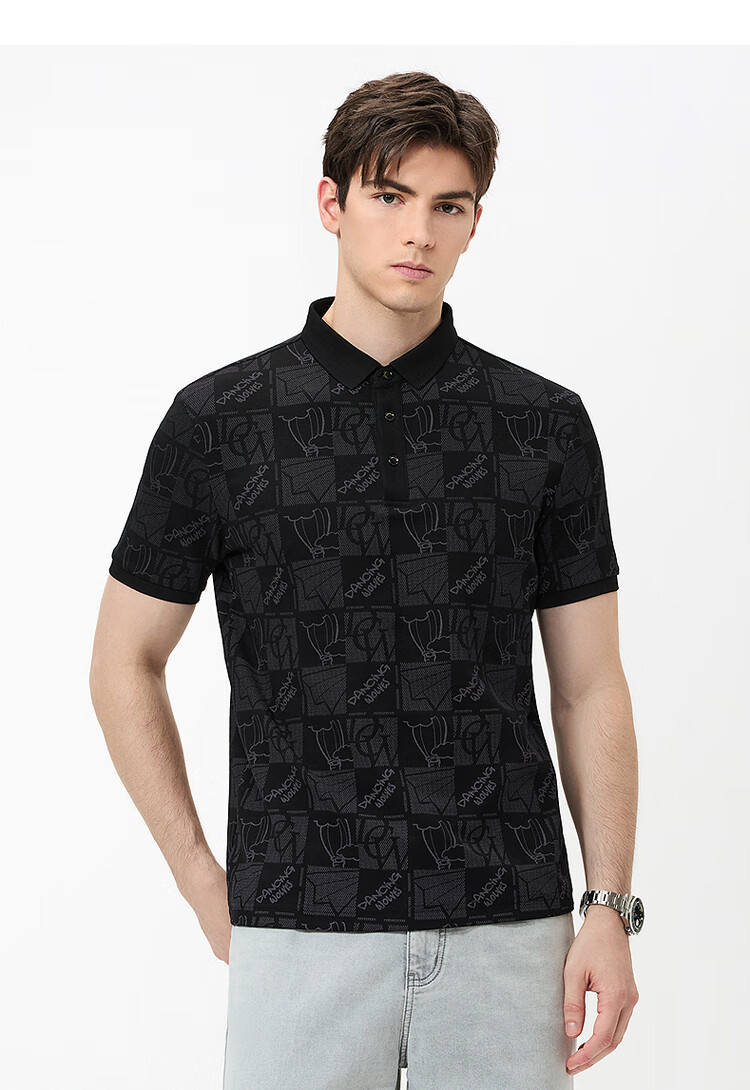 DANCING WOLVES [7A Antibacterial] Summer Cool-Feeling All-Over Hot Air Balloon Casual Men's Short-Sleeve POLO 001 Black XL(180) 5