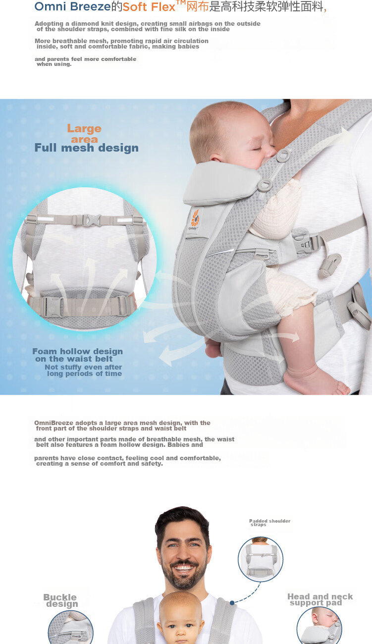 ERGObaby American Ergonomic Baby Carrier, Newborn Comfortable Strap, Breathable And Cool for Travel, Baby-Carrying Essential Breeze Wildflower Rice 5