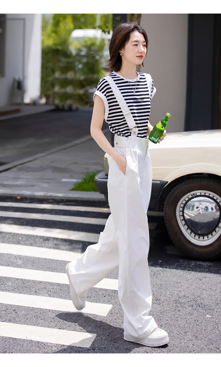 Dme Wide-Leg Suspender Pants with Adjustable Waistband, Women's Wide-Leg Suspender Pants, White, M 11