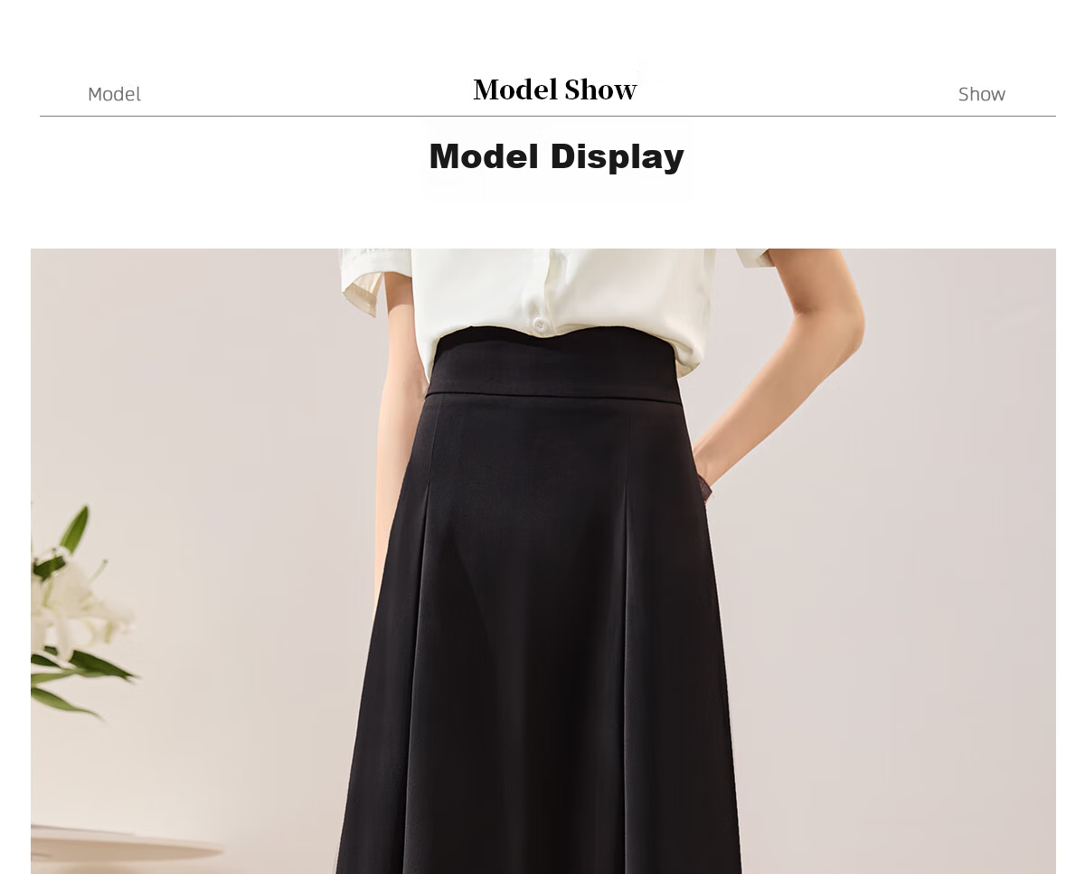 Chushen Spring And Autumn Midi Skirt for Women, Professional Commute OL Style, Black Mid-Length Draping High-Waist A-Line Flared Skirt S13JB2806 13
