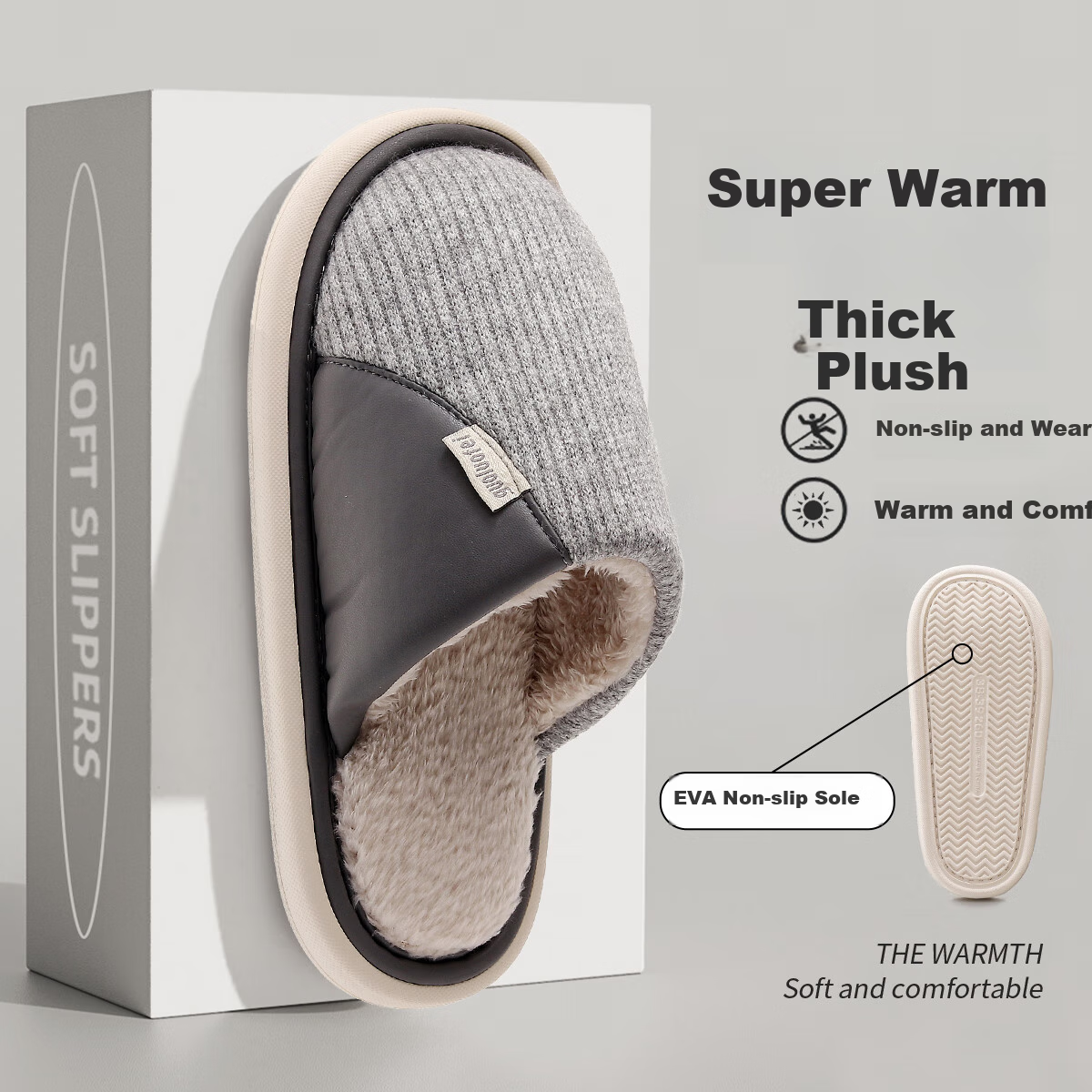GUOLUOFEI Cotton Slippers for Men And Women, Indoor Home Non-Slip Fleece-Lined Quiet Furry Slippers, Couple Style, Navy Blue, Size 40-41