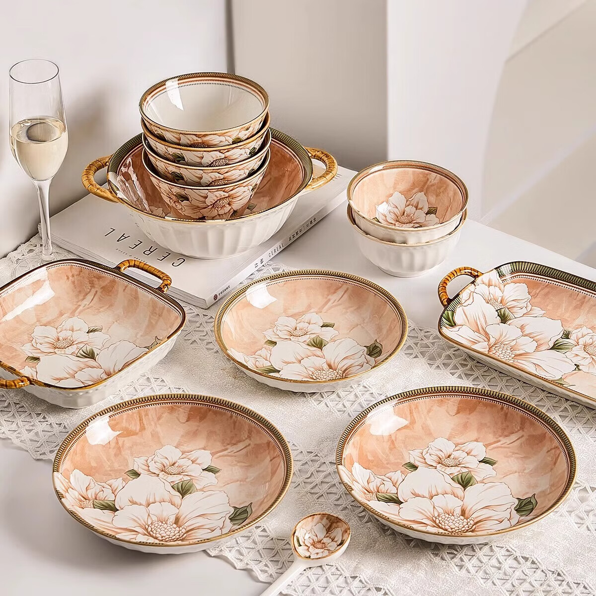 CERAMICS Bowl And Chopsticks Set, Japanese-Style Underglaze Ceramic Tableware for Home Use, Housewarming Gift, Camellia Pattern, 42-Piece Gift Box Set