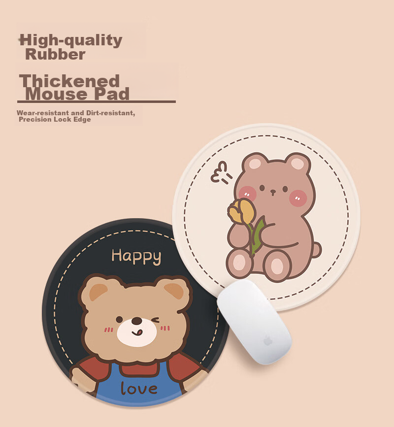 Youbili Mouse Pad Small Cute Cartoon Round Office Desk Mat Customized for Women, E-Sports Gaming Creative Round Pad Diameter 24cm 9400-Love Bear 1