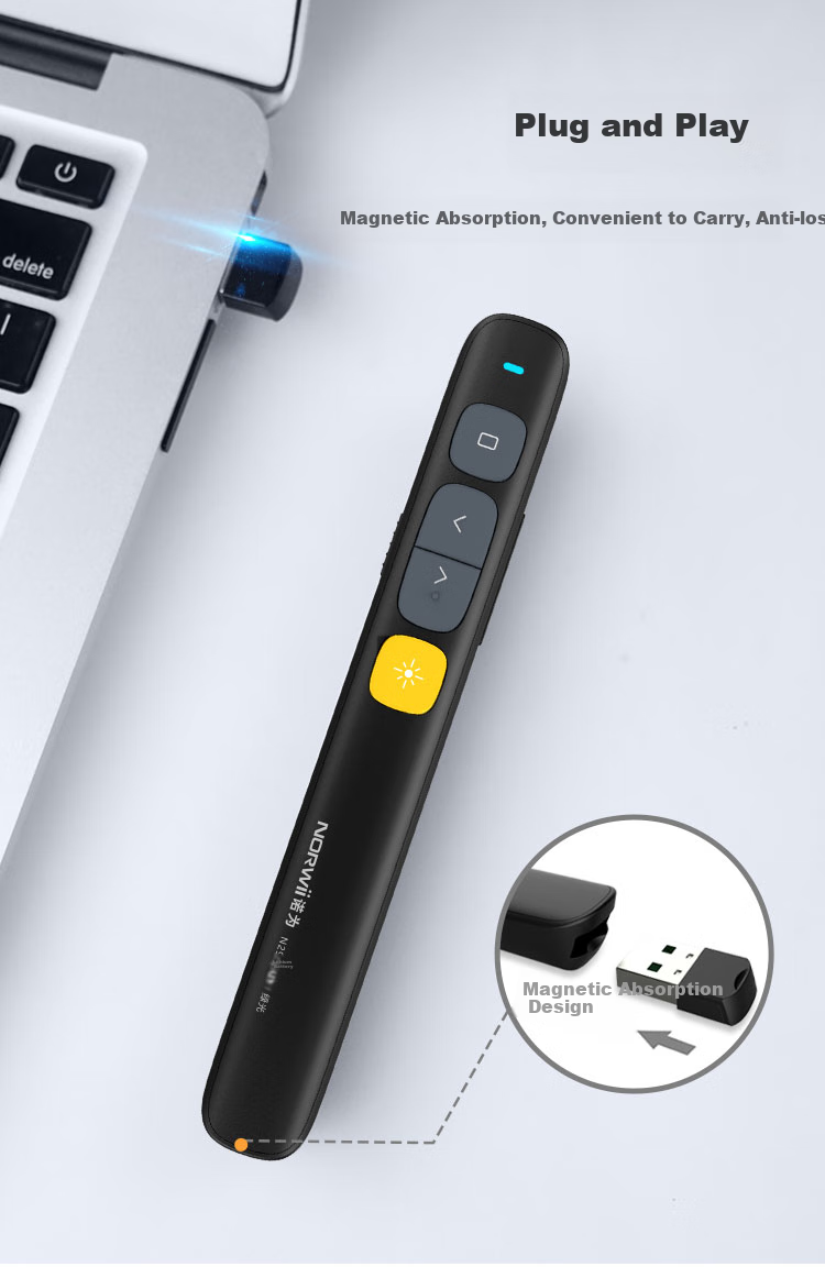 NORWII N29 Smart Rechargeable Laser Pointer, PPT Page-Turning Pen for Teachers, 100-Meter Wireless Remote Presenter, 360° Control, Volume Control Remote Pen, Green Light, Black 7