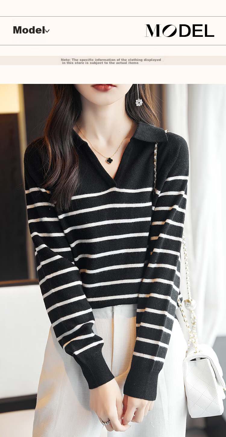 Dme Wool V-Neck Striped Sweater, Elegant And Relaxed Women's Wool Sweater, Black, L 14