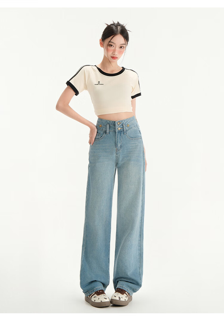 Langsha Women's Jeans Spring Autumn High Waist Slim Wide Leg Draped Loose Straight Floor-Length Pants 10