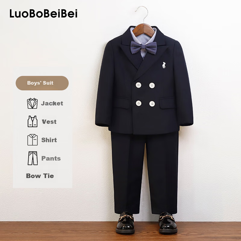 LUOBOBEIBEI Boys' Vest Set Casual Suit Flower Boy Formal Wear Performance Outfit Spring And Autumn 2025 Navy Blue Five-Piece Set Size 130