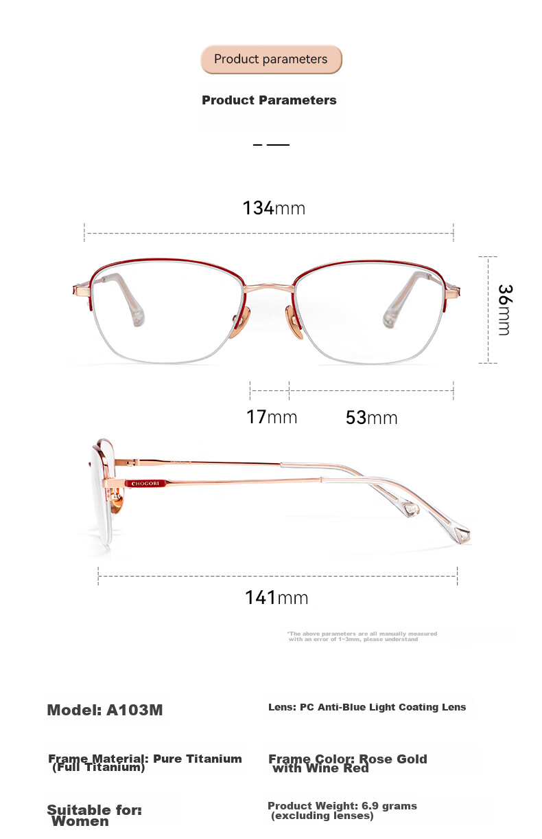 Xiyanghong Pure Titanium Reading Glasses for Women, Fashionable High-End Anti-Blue Light Mother's Day Gift for Mom A103M 400 Degree 10