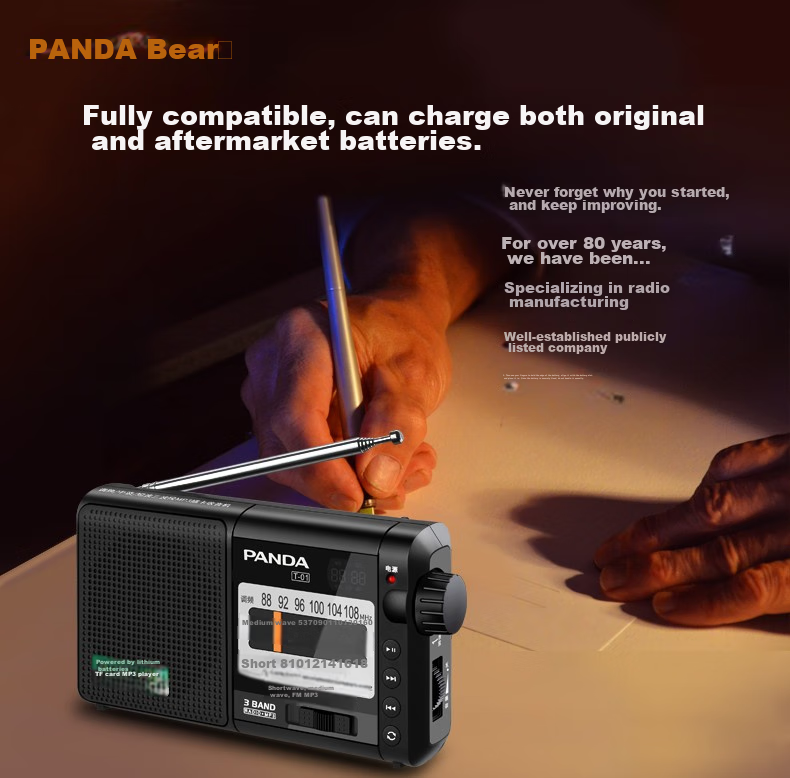 Panda T-01, Gift for The Elderly, Mini Three-Band Semiconductor, Full Band Radio, Card-Slot Lithium Battery Digital Audio Player (Silver) 1