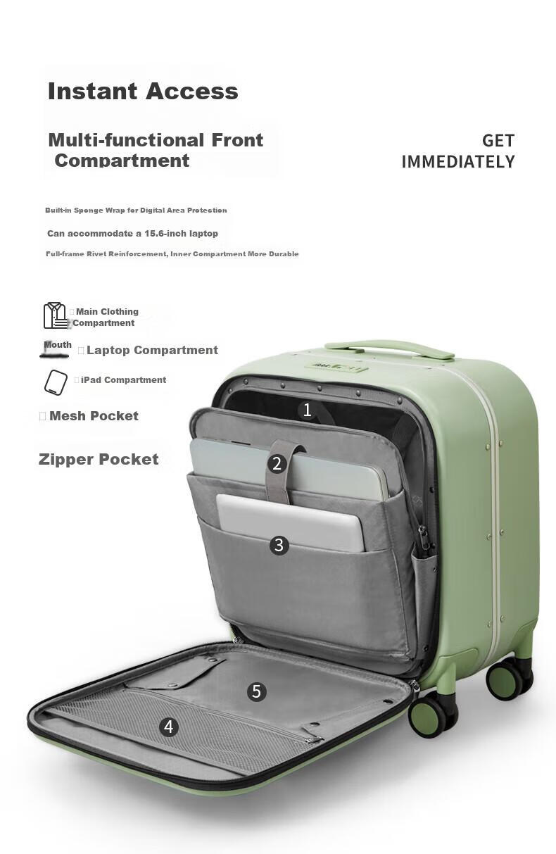 Mixi Front-Opening Aluminum Frame Suitcase, Trolley Case with Password Lock, Large Capacity Luggage for Travel, Carry-On Suitcase for Me 12
