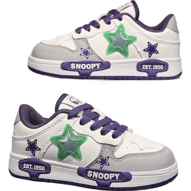 SNOOPY Children's Shoes, Kids' Sneakers for Boys And Girls, Star Pattern Skateboard Shoes, Casual Shoes for Older Children, 0560 Colorful Cloud Purple, Size 28