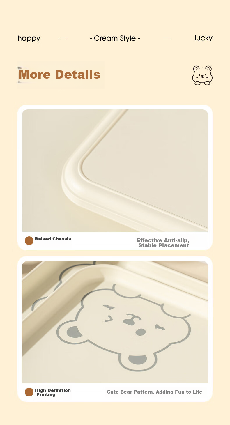 CAIZHI Rectangular Tray, Tea Tray for Home Use, Fruit Plate, Breakfast Tray, Storage Tray, Snack Plate, Large Size, Bear Design, Beige, CZ6949 13