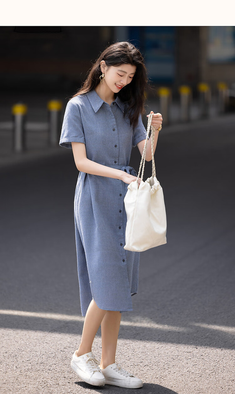 Demana Elegant Supreme Summer Comfortable Linen Cotton Blend Lapel Tie Straight Small Petite Women's Dress 10