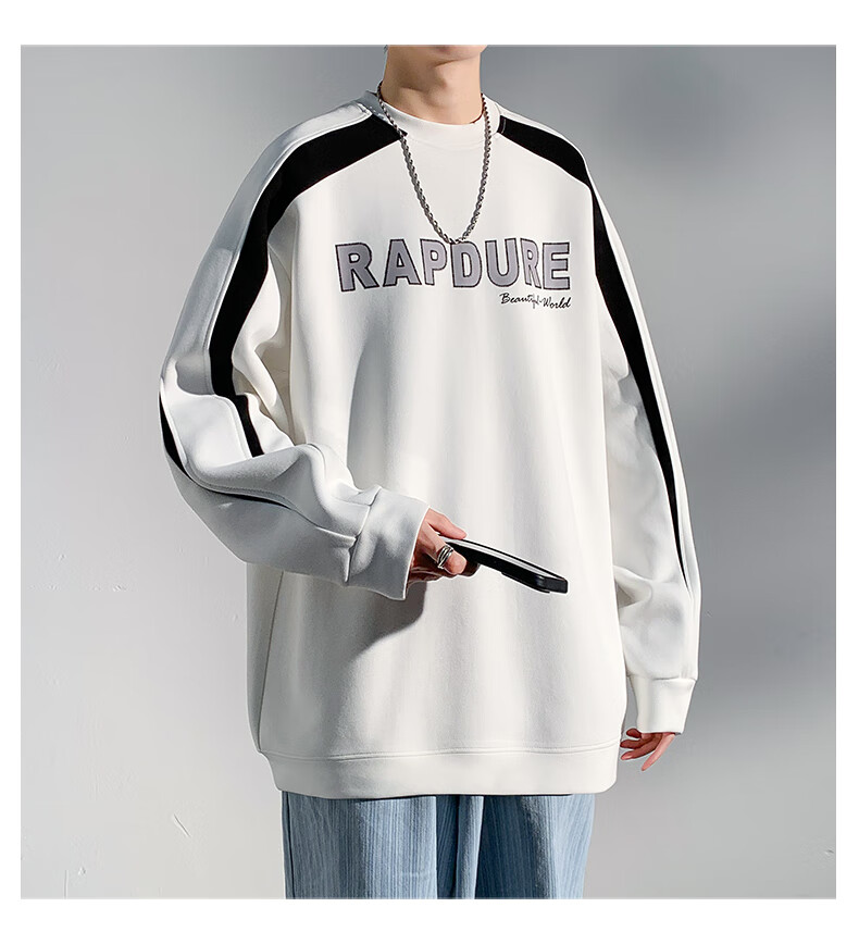 Dingfengbaoluo American-Style Sweatshirt for Men, Spring Vintage Long-Sleeve T-Shirt, Trendy Color-Block Patchwork, Loose Round Neck, DFL02 Black M 10
