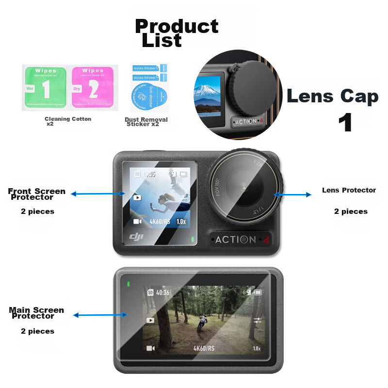 Qiye Tempered Glass Screen Protector Film AR Protective Film Suitable for DJI Action 4 Action Camera Accessories Lens Cover Protective Case for ACTION 3 Screen Film Lingmou Osmo 4