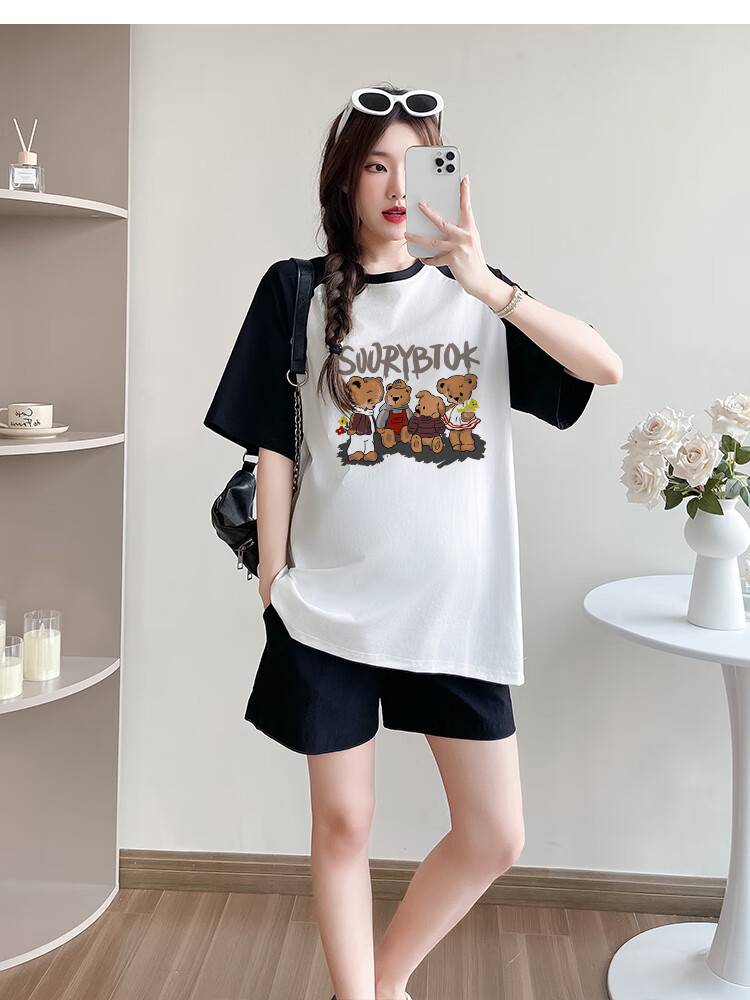 JOYNCLEON Maternity Summer Thin Loose Raglan Sleeve Printed T-Shirt and Versatile Shorts Set White L Jtz158115 20
