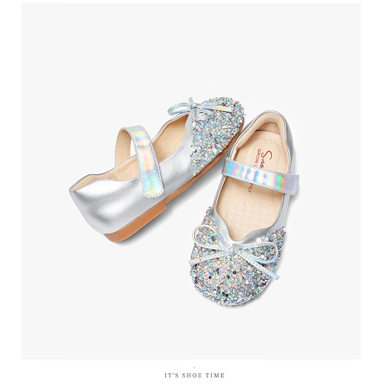 Snoffy Girls' Leather Shoes, Spring Children's Crystal Shoes, Shiny Diamond Princess Shoes, Comfortable Soft-Soled Flats for Little Girls, Moonlight Silver, Size 28 30