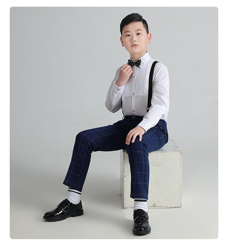 LUOBOBEIBEI Plus-Size Boys' Formal Wear, New Year's Outfit for Older Children, Enlarged Shirt And Suspender Pants, Black Four-Piece Set, Size 150 11