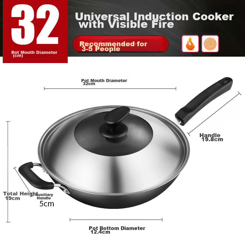 SUPOR Non-Coated Iron Wok, Stainless Steel Frying Pan, Compatible with Gas And Induction Stoves, Model FC32V3