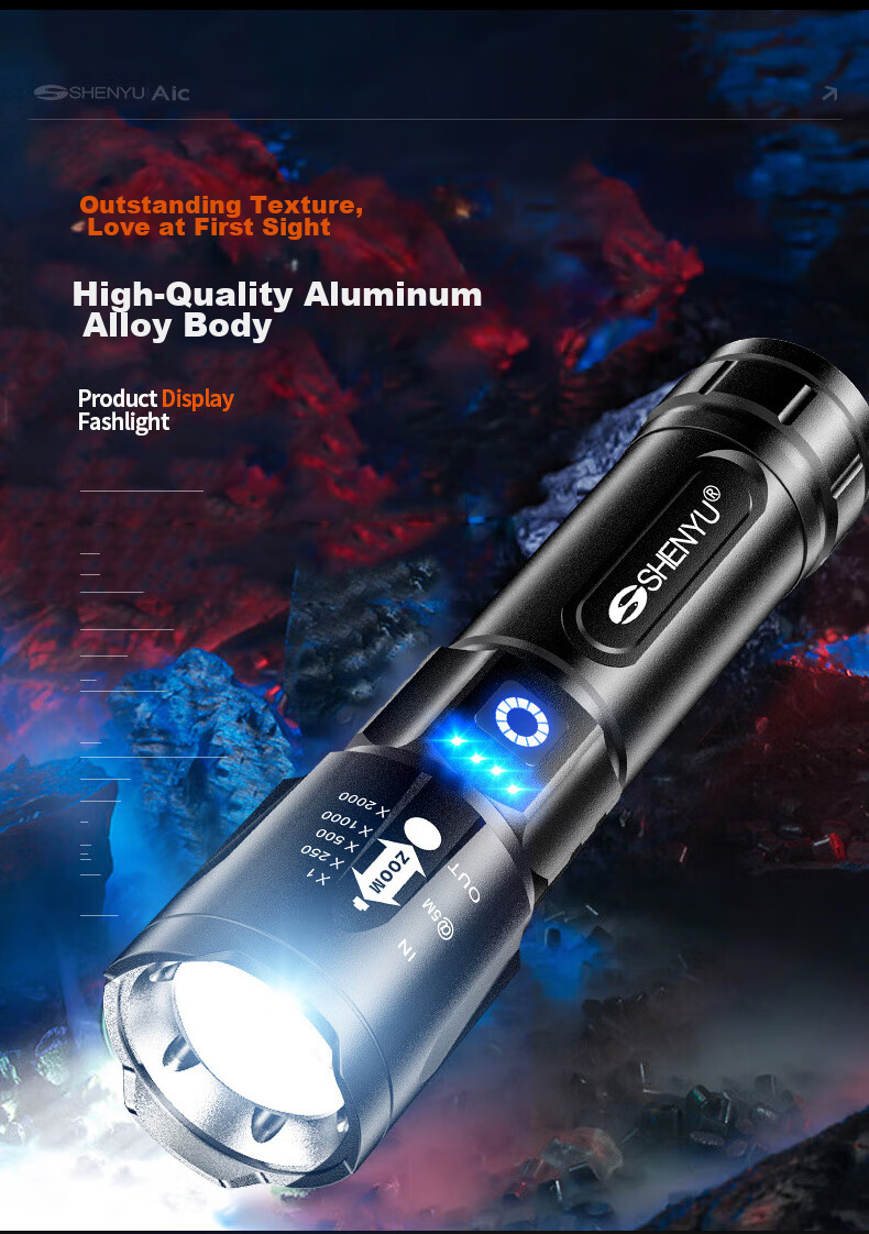 SHENYU Flashlight with High Brightness, Zoomable Lens, Rechargeable Battery, Long-Lasting Power, Outdoor Survival, Long-Range Beam, Military-Grade Ultra-Bright, Home Emergency Use 6
