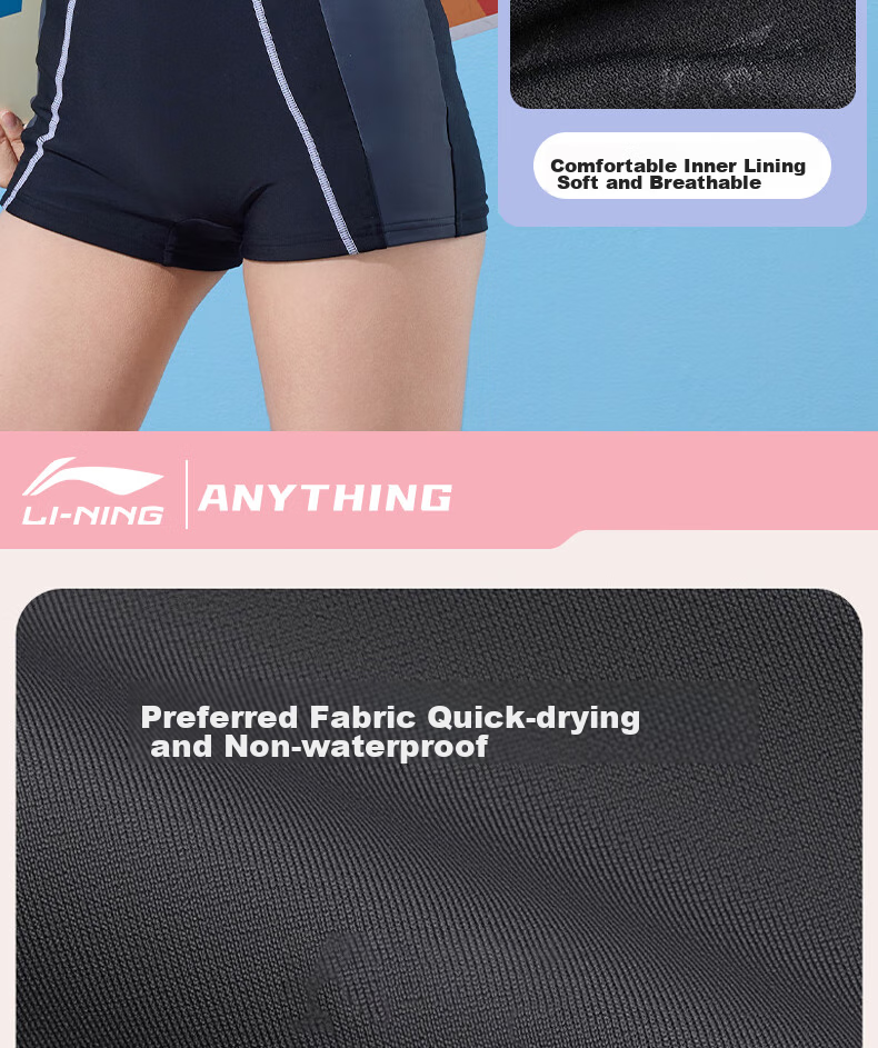 Li-Ning Women's Professional One-Piece Conservative Boyshort Swimsuit, Tummy-Covering Slimming Casual Training Hot Spring Swimwear 514 Navy Blue 3XL 11
