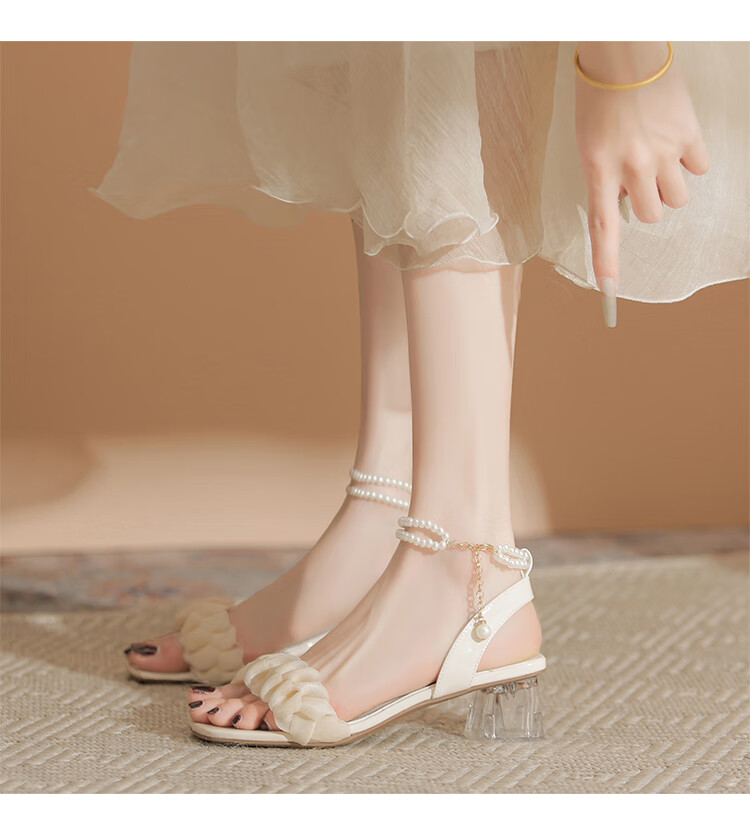 ZHR Women's Sandals with Chunky Heel, Comfortable And Stylish Women's Shoes, Elegant Pearl Chain Slimming Shoes for Women JF28 Beige 36 11