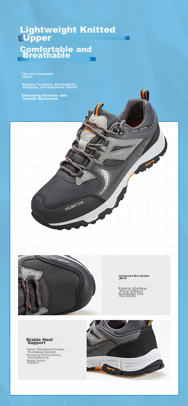 HUMTTO Waterproof Hiking Shoes, All-Season Low-Top Men's Non-Slip Trekking Shoes, Outdoor Casual Men's Footwear, Dark Gray, Size 39 3