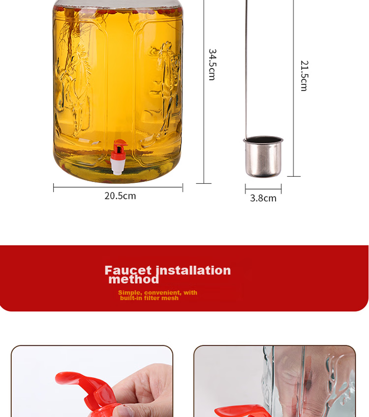 Jidukongjian Liquor Infusion Bottle, Household Glass Sealed Jar Special Container for Pickles And Liquor Brewing, with Tap, 20 Jin Capacity + Wine Lifting Handle 14