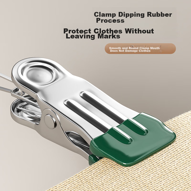 MENGTING Wide-Mouth Plastic-Coated Drying Clips, Non-Slip Fixed Windproof Clothespins, Strong Clips in Dark Green, 16 Pieces, Multi-Purpose Stainless Steel