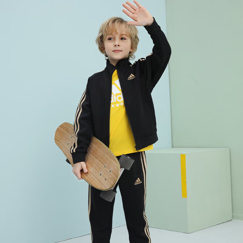 Adidas Children's Lightweight Sportswear Set, Classic Three-Striped Casual Jacket And Pants, Black/gold, Size 116