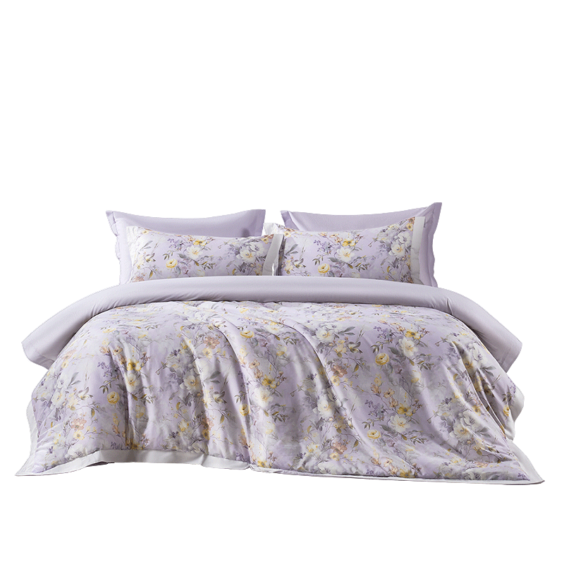 FUANNA Cotton Bedding Set of Four Pieces, 60s Pure Cotton Bed Sheet And Duvet Cover, King Size, Nishang Pattern, 230*229cm, Purple
